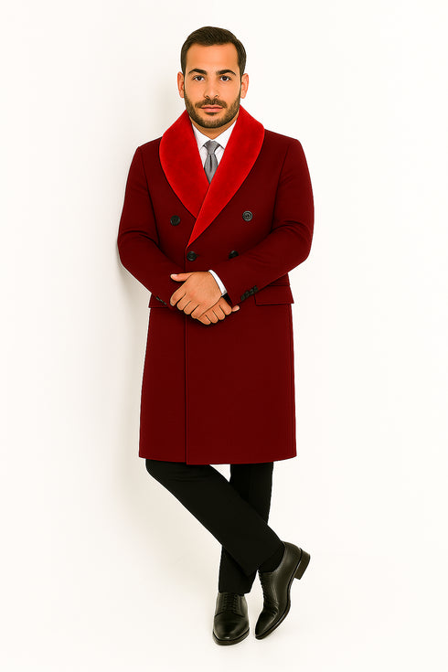 Mens Double-Breasted Burgundy Overcoat with Red Faux Fur Shawl Collar – Alberto Nardoni Winter Coat