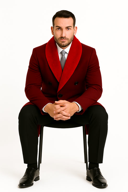 Mens Double-Breasted Burgundy Overcoat with Red Faux Fur Shawl Collar – Alberto Nardoni Winter Coat