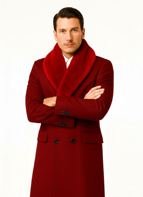 Mens Double-Breasted Burgundy Overcoat with Red Faux Fur Shawl Collar – Alberto Nardoni Winter Coat