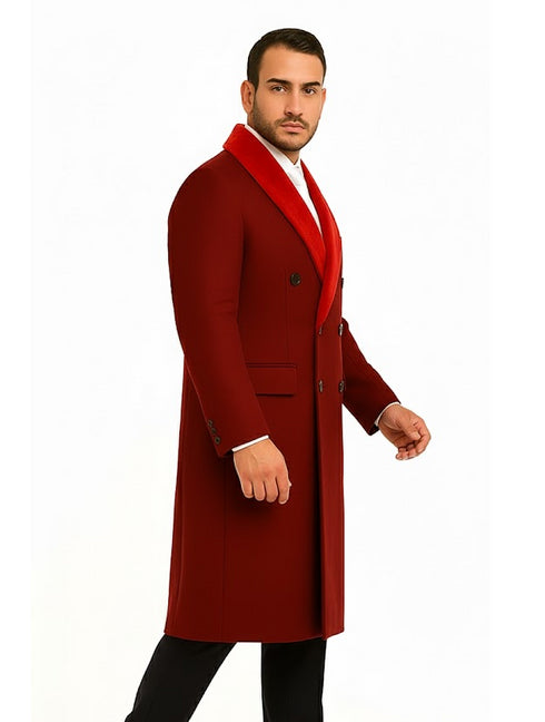Mens Double-Breasted Burgundy Overcoat with Red Faux Fur Shawl Collar – Alberto Nardoni Winter Coat
