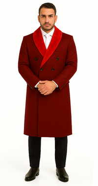 Mens Double-Breasted Burgundy Overcoat with Red Faux Fur Shawl Collar – Alberto Nardoni Winter Coat
