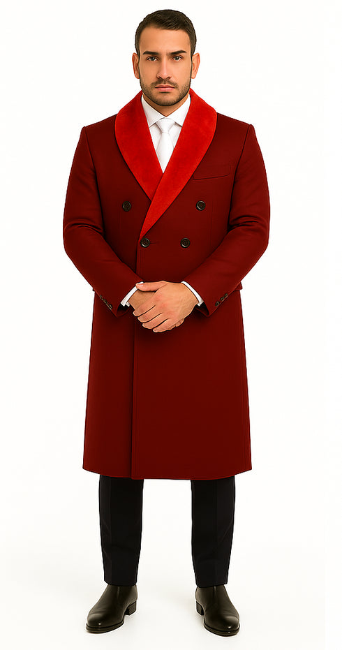 Mens Double-Breasted Burgundy Overcoat with Red Faux Fur Shawl Collar – Alberto Nardoni Winter Coat