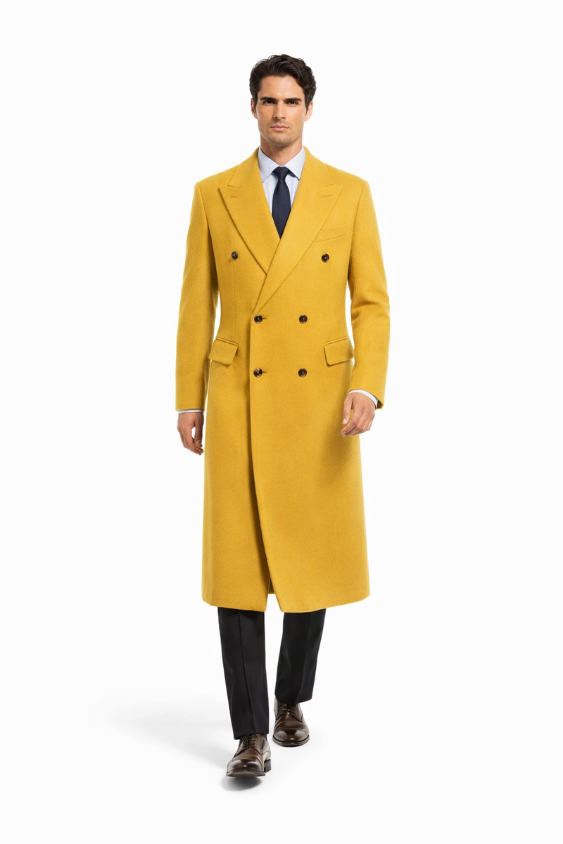 Men's Dress Coat 44 Inch Long Length Gold Double Breasted Wool Blend O