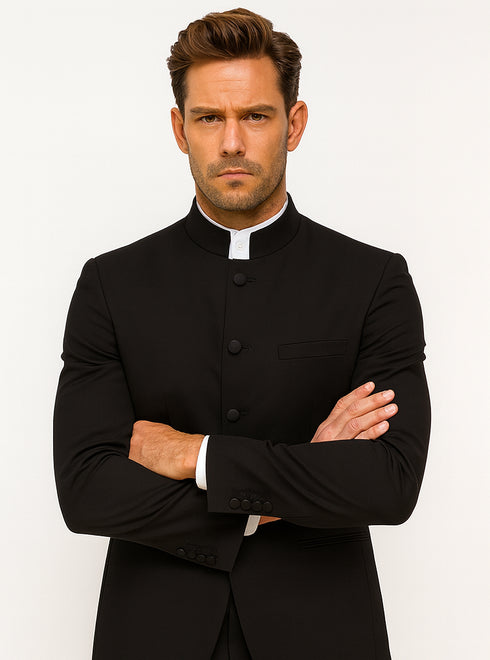 Mens Five Button Mandarin banded Black Tuxedo