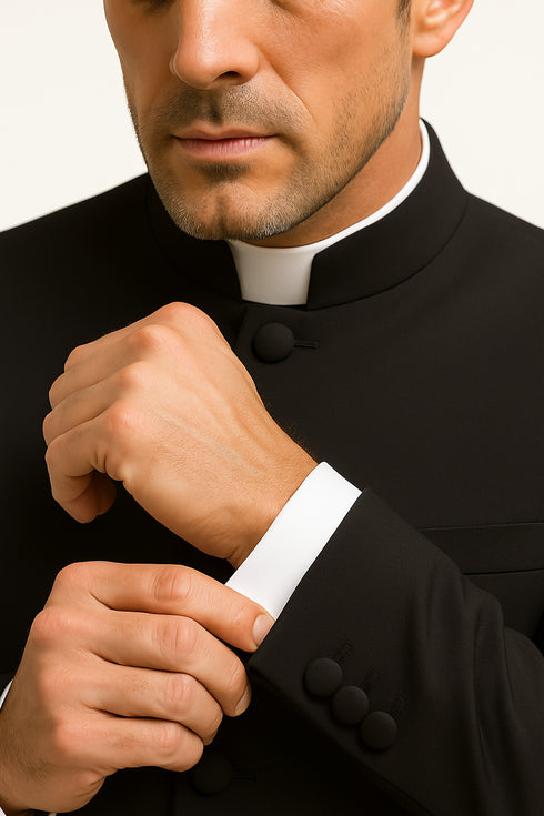 Mens Five Button Mandarin banded Black Tuxedo