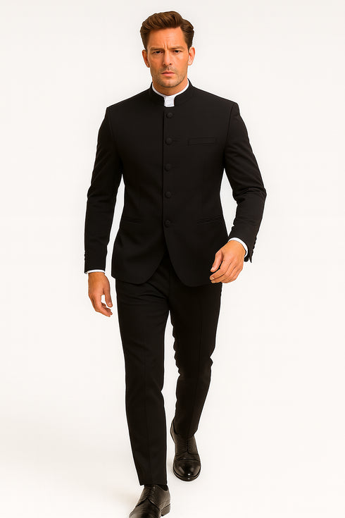 Mens Five Button Mandarin banded Black Tuxedo