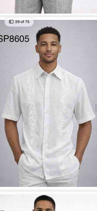 Mens White Embroidered Walking Suit Set – Short Sleeve Shirt and Pants Casual Summer Outfit for Vacation, Beach and Everyday Wear