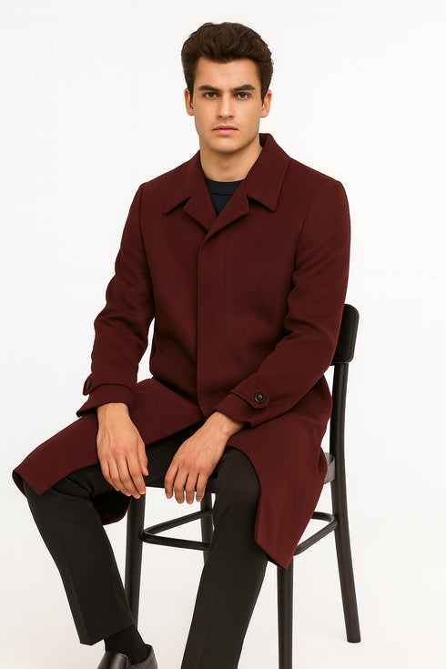 Men's Full Length Top Coat - Single Breasted - Mens Big and Tall burgundy Trench coat