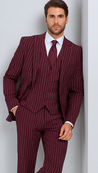 Men's Gangster Bold PinStripe Stripe Chalk Pinstripe Vested 3 Piece Fashion Suit 1920;S 30s Fashion In 10 Colors