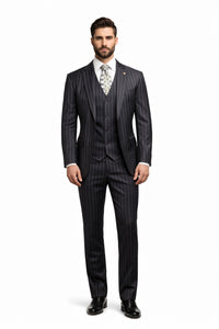 Mens Gangster Pinstripe 2 Button Double Breasted Vest Suit in Black Or Charcoal Grey