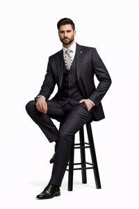 Mens Gangster Pinstripe 2 Button Double Breasted Vest Suit in Black Or Charcoal Grey