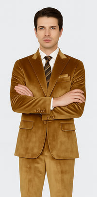 Men’s Gold Velvet Peak Lapel Suit – 2-Piece Skinny Fit Formalwear by Tazzio