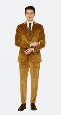 Men’s Gold Velvet Peak Lapel Suit – 2-Piece Skinny Fit Formalwear by Tazzio