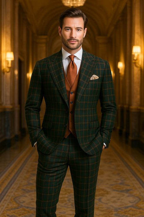 Mens Green Suit - Designer Brand Suit No Pleated Pants Modern Fit