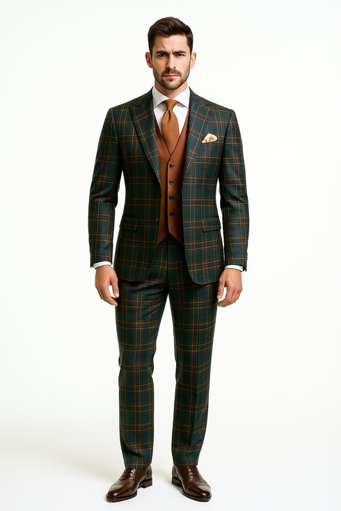 Mens Green Suit - Designer Brand Suit No Pleated Pants Modern Fit