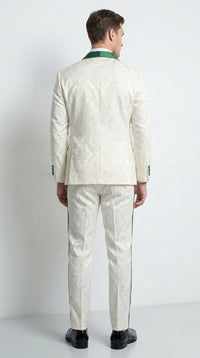 Mens Green & White Tuxedo Suit – White Floral Jacquard Wedding Suit with Green Shawl Lapel