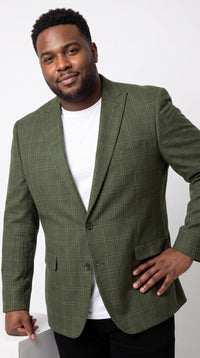 Mens Green Windowpane Blazer – Two-Button Plaid Sport Coat for Weddings, Business and Modern Fit
