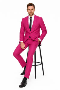 Mens Hot Pink Tuxedo Dinner Jacket + Pants with Shawl Lapel – Slim Fit 2-Piece Suit for Weddings, Proms Suit in Fuchsia Color