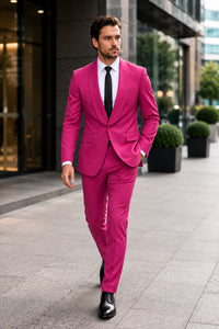 Mens Hot Pink Tuxedo Dinner Jacket + Pants with Shawl Lapel – Slim Fit 2-Piece Suit for Weddings, Proms Suit in Fuchsia Colors