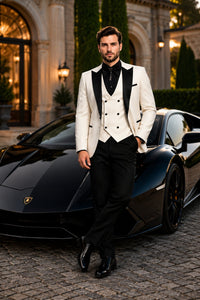 Giovanni Testi Suits With Double Breasted Vest - 3 Pieces Ivory and Black Peak Lapel Suit