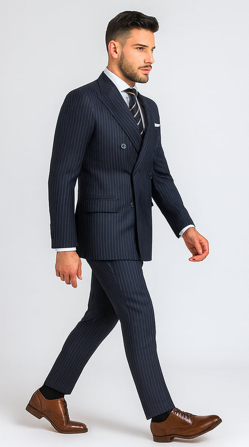 Mens Kingsman Double Breasted Navy Pinstripe Suit