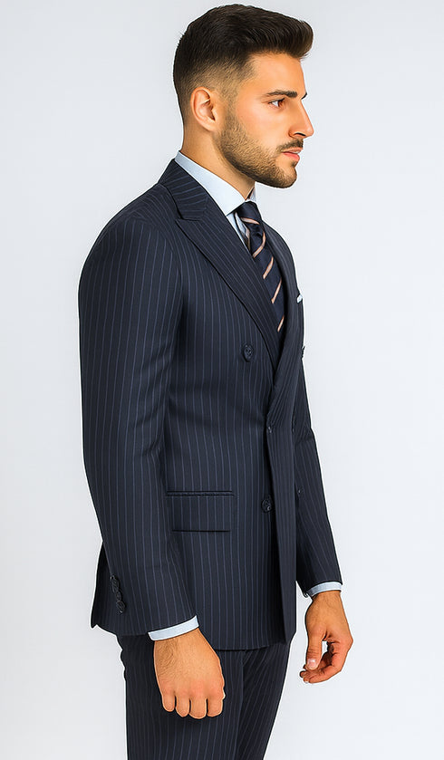 Mens Kingsman Double Breasted Navy Pinstripe Suit