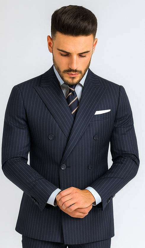 Mens Kingsman Double Breasted Navy Pinstripe Suit