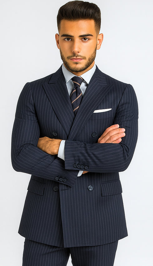 Mens Kingsman Double Breasted Navy Pinstripe Suit
