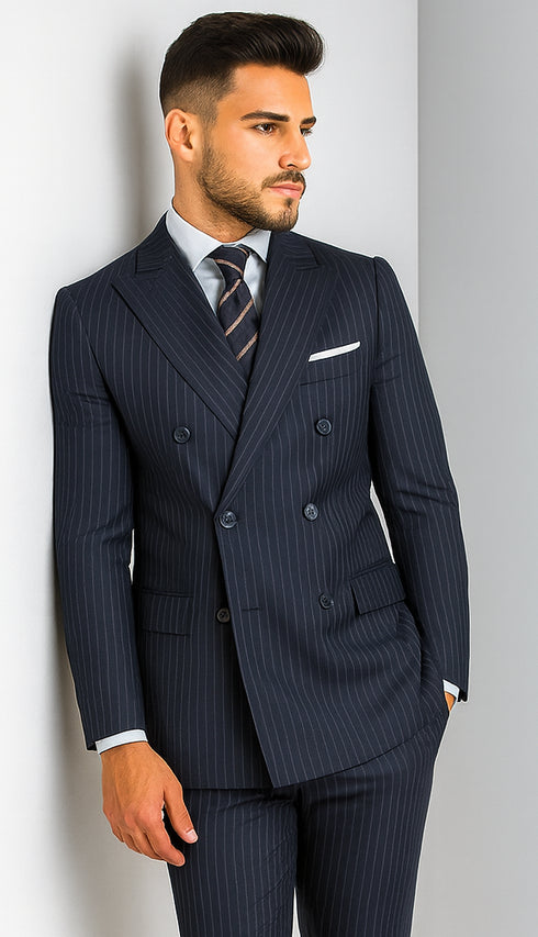 Mens Kingsman Double Breasted Navy Pinstripe Suit