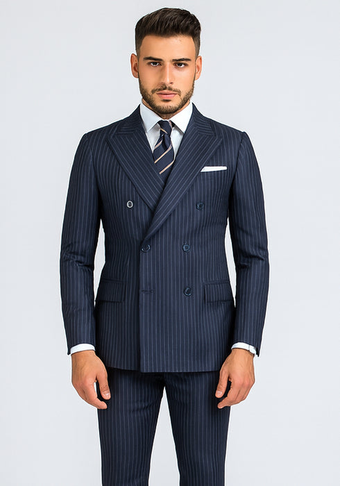 Mens Kingsman Double Breasted Navy Pinstripe Suit