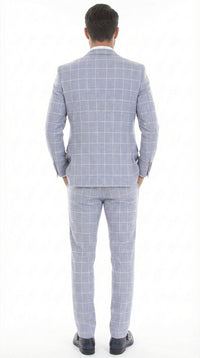 Mens Light Blue Plaid Three Piece Suit – Windowpane Check Wedding and Business Formal Suit Set
