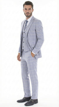 Mens Light Blue Plaid Three Piece Suit – Windowpane Check Wedding and Business Formal Suit Set