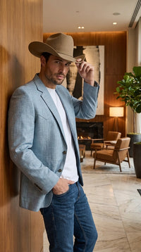 Mens Light Blue Western Blazer – Classic Cowboy Sport Coat with Western Yoke Design