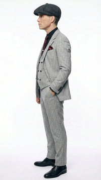 Mens Light Gray and Black Pinstripe 3 Piece Suit – Peaky Blinders Inspired Vintage Gangster 1920s Suit