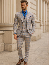 Men’s Modern Check Suit with Vest – Fashionable Three-Piece Set