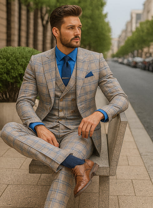 Men’s Modern Check Suit with Vest – Fashionable Three-Piece Set