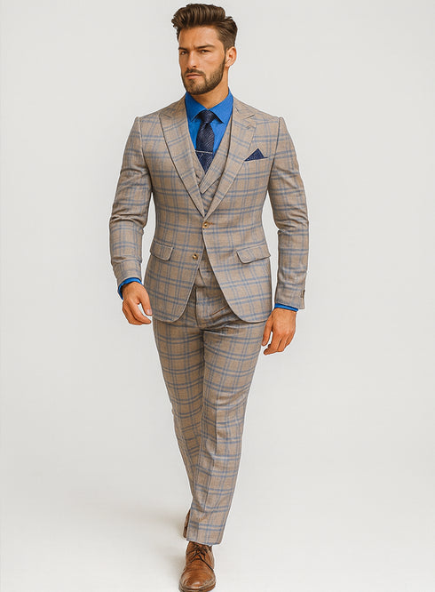 Men’s Modern Check Suit with Vest – Fashionable Three-Piece Set