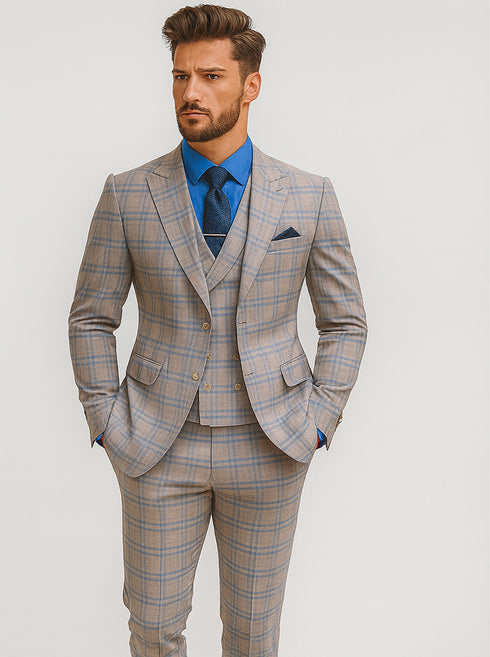 Men’s Modern Check Suit with Vest – Fashionable Three-Piece Set