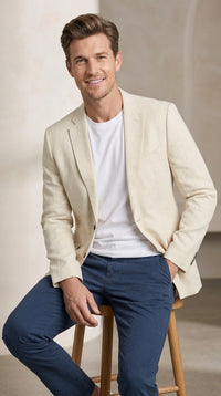 Mens Light Tan Sport Coat – Two-Button Classic Blazer for Business, Wedding & Casual Wear Cream Ivory Linen Fabric