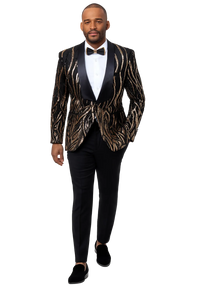 Black Tuxedo - Shawl Lapel Black and Gold Sequin Prom Tuxedo Mens Wedding Suit - Black Prom Suit