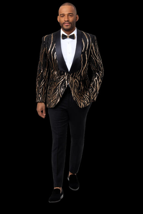 Black Tuxedo - Shawl Lapel Black and Gold Sequin Prom Tuxedo Mens Wedding Suit - Black Prom Suit