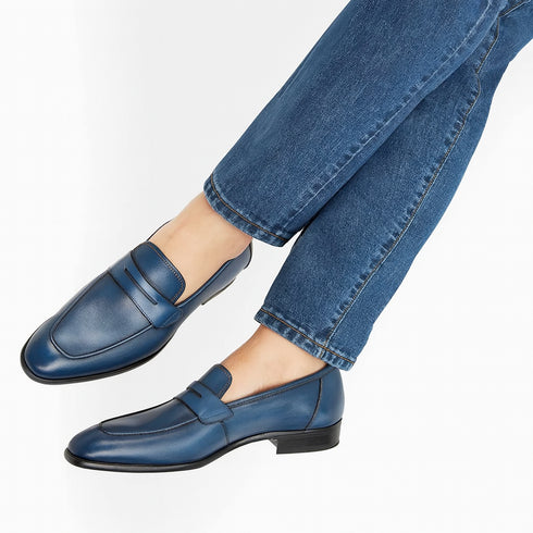 Mens Mezlan Classic Calfskin Slip on Penny Loafer Dress Shoe in Blue