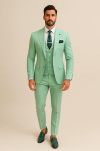 Mens Mint Green 3-Piece Suit – Slim Fit Wedding, Prom & Formal Suit with Matching Vest By Derman