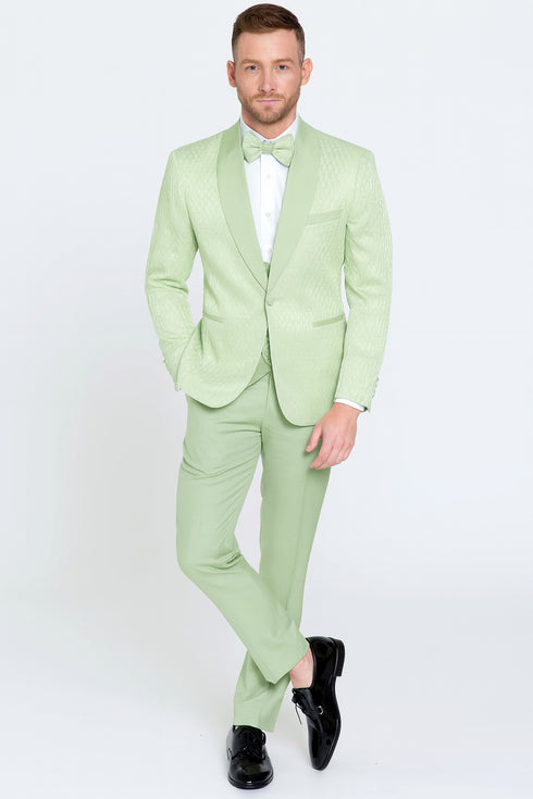Men’s Mint Green Tuxedo Suit – Slim Fit Shawl Lapel with Matching Bow Tie in Sage Green Color - Light Green