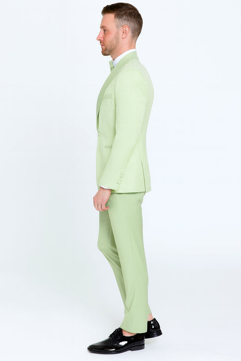 Men’s Mint Green Tuxedo Suit – Slim Fit Shawl Lapel with Matching Bow Tie in Sage Green Color - Light Green