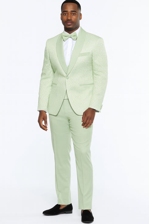Men’s Mint Green Tuxedo Suit – Slim Fit Shawl Lapel with Matching Bow Tie in Sage Green Color - Light Green