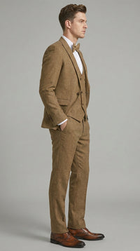 Mens Mocca Brown Taupe textured 1920s Great Gatsby Inspired Suit – Vintage Three Piece Retro Formal Suit Peak Lapel