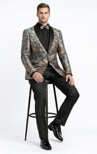 Men's Modern Fit Japanese Paisley Print Teal Green Tuxedo