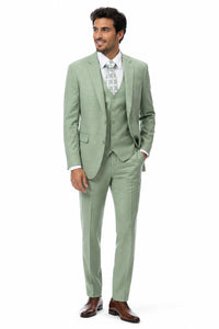 Mens Modern Fit Two Button Vested Sharkskin Business Moss Green Suit