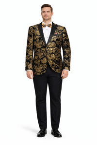 Mens Modern Fit Velvet Floral Paisley Foil Gold and Black Tuxedo Jacket